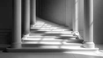 A staircase with pillars and light coming from the windows photo