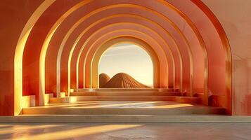 A large archway with a view of a mountain photo