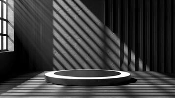 A black and white photo of a circular object in a room