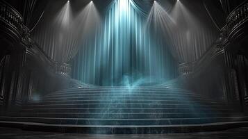 A dark room with a stage and stairs photo