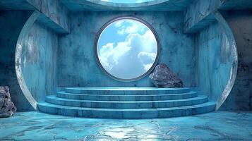 A blue room with a circular window and stairs photo