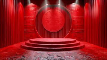 Red stage with red curtains and spotlight photo
