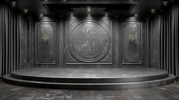 An empty stage with black walls and a round stage photo