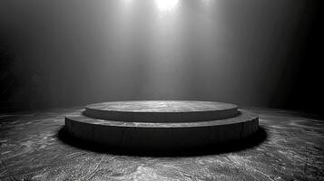 Black and white photo of a stage with a spotlight