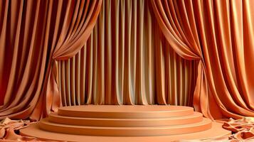 An empty stage with orange curtains and a podium photo