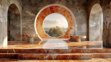 A large room with a large window and a marble floor photo
