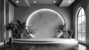 A black and white photo of a room with a round window