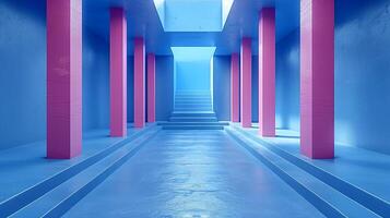 A blue hallway with pink pillars and a blue floor photo