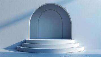 An empty room with a white door and steps photo