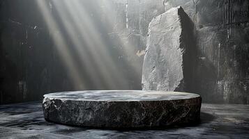 A stone table in a room with sunlight shining through the window photo