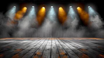 An empty stage with smoke coming out of the lights photo