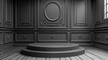 An empty room with a wooden floor and a round window photo