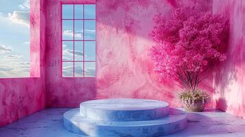 A pink room with a white table and a tree photo
