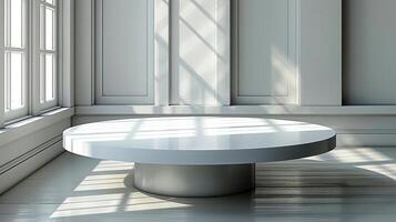 A white table in front of a window in a room photo