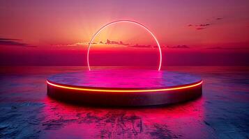 A neon sign on a platform in front of a sunset photo