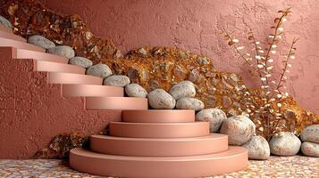 A pink stairway with rocks and plants photo