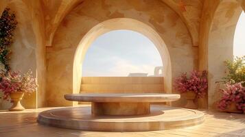 A stone bench in a room with flowers and a window photo