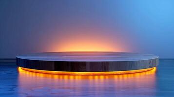 A wooden table with glowing lights on it photo