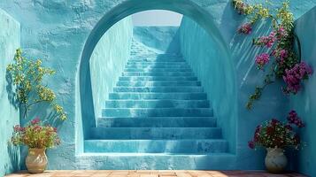 A blue wall with stairs and flowers in front of it photo