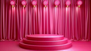 Stage with pink curtains and spotlight photo