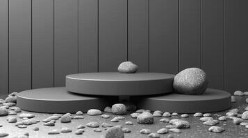 A black and white photo of three round pedestals with rocks