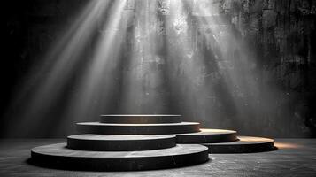 A black and white photo of a stage with steps