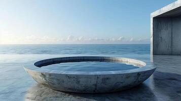 A concrete bathtub sitting on a concrete floor next to the ocean photo