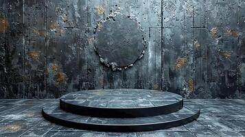 A large empty room with a circular stage in front of it photo