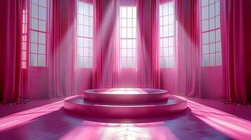 A pink room with a round table in the middle photo