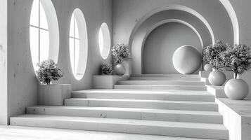 3d rendering of a white room with stairs and vases photo
