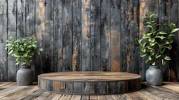 A wooden floor with a round table and two vases photo
