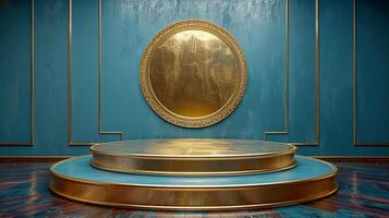 Golden podium with a round mirror in front of it photo