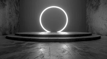 An empty room with a circular light on the floor photo