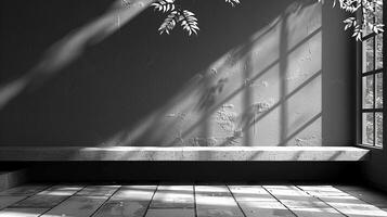 A black and white photo of a window with a tree in the corner