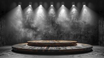 An empty stage with lights and a wooden podium photo
