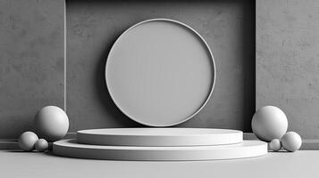 Empty podium with white eggs and a round mirror photo