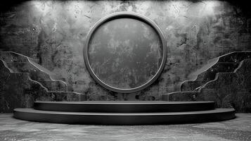 Empty stage with a round mirror and stairs photo
