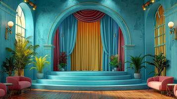 A room with a stage and chairs in front of a window photo