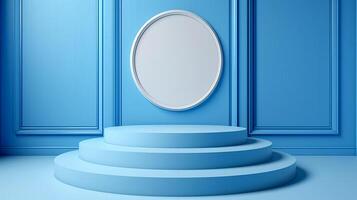 3d render of a blue room with a podium and mirror photo