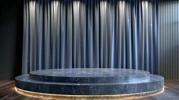 A stage with a black marble podium in front of a curtain photo