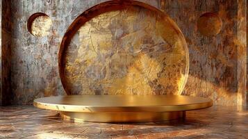 A golden round table in front of a wall with a large arch photo