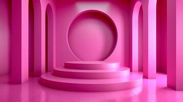 A pink room with a stage and a large oval window photo