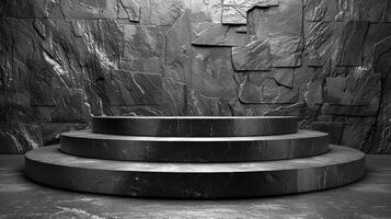 Black and white photo of a stone wall with a stage