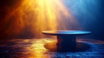A table with a light shining on it photo