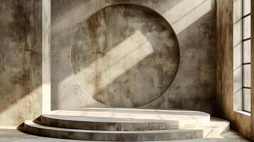 An empty room with a circular stage and a window photo