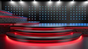 3d rendering of a stage with red and blue lights photo