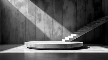 A black and white photo of a concrete floor with stairs