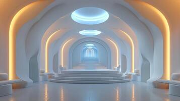 A white room with a staircase and a light photo
