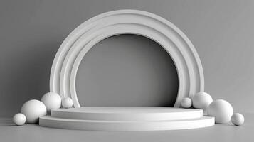 3d render of a stage with an arch and white eggs photo