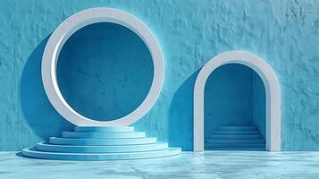 Two circular arches are in front of a blue wall photo